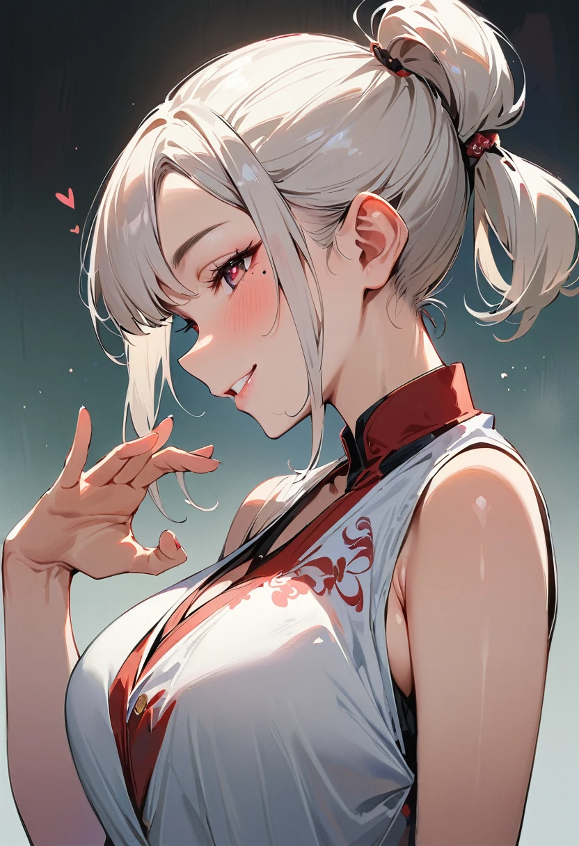 (masterpiece, best quality:1.4), 1 girl, 独奏, Heart-shaped pupils, Blurred eyes, Close your left eye, Smile, Profile,45° head tilt, Fox gesture, Right tear mole, (Double ponytail hairstyle:1.2),  large breasts, Mini Girls, Vest, Black and white gradient background.
