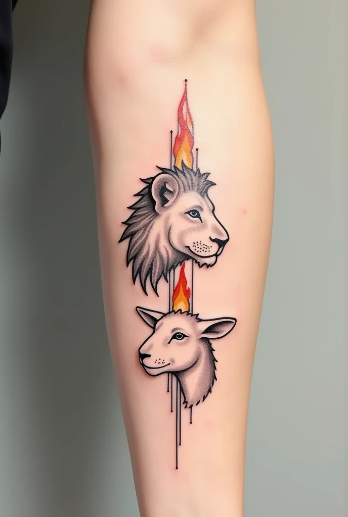 Minimalist tattoo of a lion's face looking to the left, Below it is a face of a lamb looking to the right and between them a flame