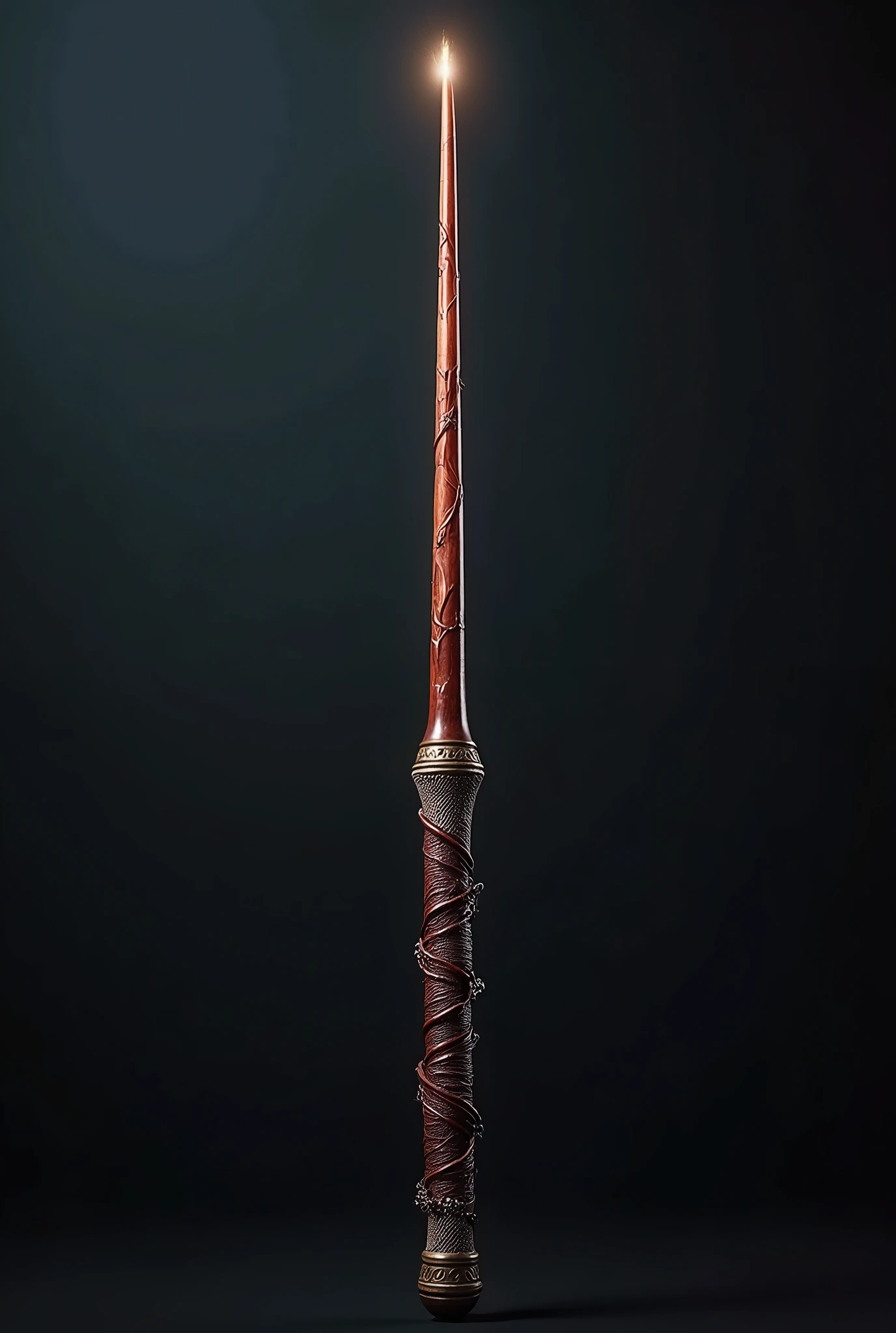 a cherry wood harry potter wand with unicorn core and dragon leather grip, detailed intricate wand, beautiful wood grain, glossy finish, studio lighting, photorealistic, 8k, hyperdetailed, masterpiece, fantasy art