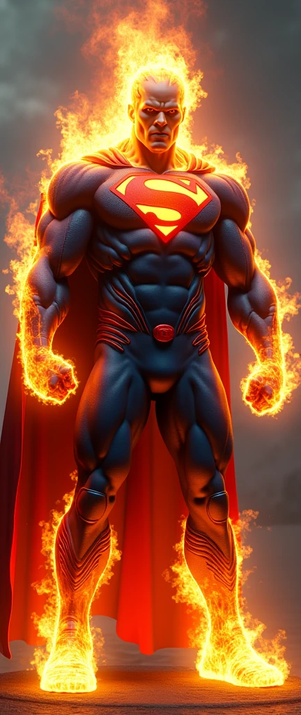 Full body hiper focus, a superman fused with ghost rider, standing facing the camera, cape on fire, chains of fire on the fists, Superman symbol on the chest, superman uniform on fire, realistic, a very muscular body in the renatosphere, epic 3D realism, head on fire, swollen muscles, big fists, best in wlop, kan liu, daz3d, trends in CGsociety, hyper-detailed realistic style, full cosplay, by Ric Nagualero, album, hyung tae kim, 8k, unreal engine 5, cinematic composition, hyper-detailed realistic portraits, 3D game art, cg society, fantasy art, season hd art, realistic aesthetic, cinematic lighting, edge light, soft light, film edge light, fine glow, ultra-detailed, 8k, realistic use of light and color, cinematic light, rendered in cinema4d 500–1000 ce -- ar 3:4 --niji 6