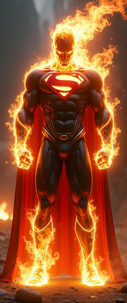 Full body hiper focus, a superman fused with ghost rider, standing facing the camera, cape on fire, chains of fire on the fists, Superman symbol on the chest, superman uniform on fire, realistic, a very muscular body in the renatosphere, epic 3D realism, head on fire, swollen muscles, big fists, best in wlop, kan liu, daz3d, trends in CGsociety, hyper-detailed realistic style, full cosplay, by Ric Nagualero, album, hyung tae kim, 8k, unreal engine 5, cinematic composition, hyper-detailed realistic portraits, 3D game art, cg society, fantasy art, season hd art, realistic aesthetic, cinematic lighting, edge light, soft light, film edge light, fine glow, ultra-detailed, 8k, realistic use of light and color, cinematic light, rendered in cinema4d 500–1000 ce -- ar 3:4 --niji 6