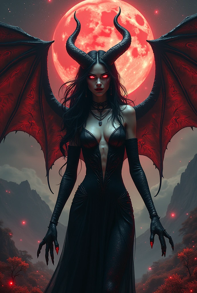 sinister female demon from the depths of the universe with terrifying face,elegant appearance,fierce expression,pale skin and dark shadows,sharp pointed teeth,(extra-long,extremely detailed) snake eyes all over her body,dark flowing hair,long wavy black hair,glowing red eyes,sharp claws,dark aura,ominous atmosphere,demonic presence,smoke and fog,cosmic background with stars and galaxies,celestial scenery,mystical energy,ethereal glow,otherworldly beauty,nebula dust and scattered planets,lunar eclipses and shooting stars,galactic dust and lighting,cursed and forbidden beauty,serpent-like tongue and scales,glowing dark wings with intricate patterns,black feathered wings with metallic sheen,silhouette of jagged mountains,enchanted glowing forest with twisted trees,phosphorescent flowers and plants,bloody crimson moon,fractured dimensions and portals,crackling electricity and energy sparks,hauntingly beautiful,deceptive and captivating,female manipulation and supernatural power,mysterious and alluring,powerful and untamed,fearful and respected,gothic and surreal art style,vivid contrasting colors,black and red color palette,dramatic lighting with deep shadows,juxtaposition of light and darkness.