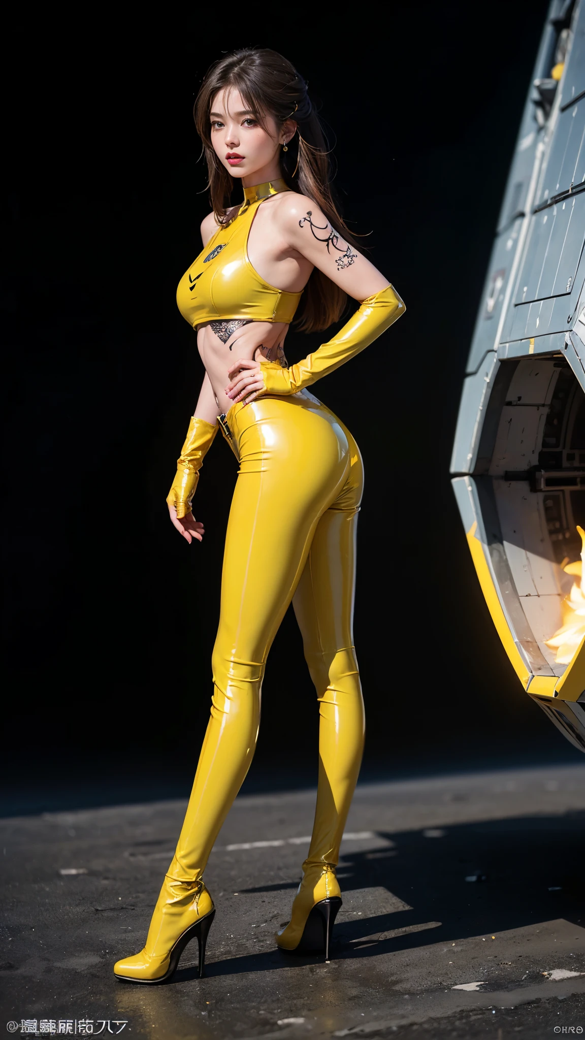 ((masterpiece:1.4)、(highest quality:1.4)、(realistic:1.7))、master piece:1.4、(Finest rendering:1.4)、(Beautiful girl navigator Yuki Mori of Space Battleship Yamato:1.4)、Super beautiful航海士森雪、(Written by Luis Royo:1.4)、(Uniforms that highlight your beautiful style:1.2)、(Futuristic sci-fi battle fashion:1.2)、(street style wear)、(tight fit pants)、(Luxurious shiny latex:1.4)、(luxury yellow latex:1.4)、19 years old、(cute tattoo:1.4)、(wearing yellow gloves)、cute girl、Super beautiful、(seductive pose)、sharp focus、portrait photography:1.4、8k、realistic photo images:1.4、(perfect female body:1.4)、perfect proportions、(standing:1.4)、(full body photography:1.4)、beautiful face、Fearless look、beautiful eyes、(A girl with a beautiful body that emphasizes her slender abdominal muscles)、narrow waist、(Beautiful girl with long legs and good style:1.4)、beautiful feet、(long hair:1.2)、dark makeup、eye shadow、Glow eye、glow lip、beautiful breasts、big breasts:1.2、sexy butt、(Standing facing the front:1.4)、Raw photo、red lips、Yellow high heels:1.4、choker:1.4、necklace:1.4、earrings:1.4、1 screen display、space battleship yamato bridge:1.2