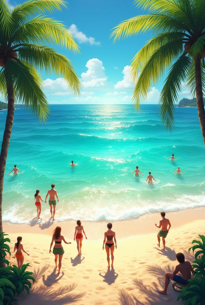 a beach with the sea in the background and palm trees on the sides, super lively