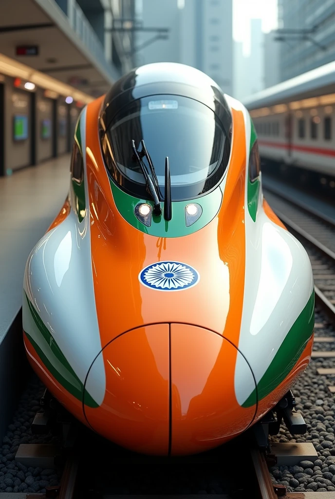 Imagine a Japanese Shinkansen Train with longer Nose More Aerodynamic and With Indian Flag Colours design add more Lights in the Front of the Train Led Strip Lights more Futuristic, Make the Best What u can make make the Front look Different and More Unique and long and Print INDIAN RAILWAYS in the Front of the Train Do the Traditional Designs of Indian Culture 
