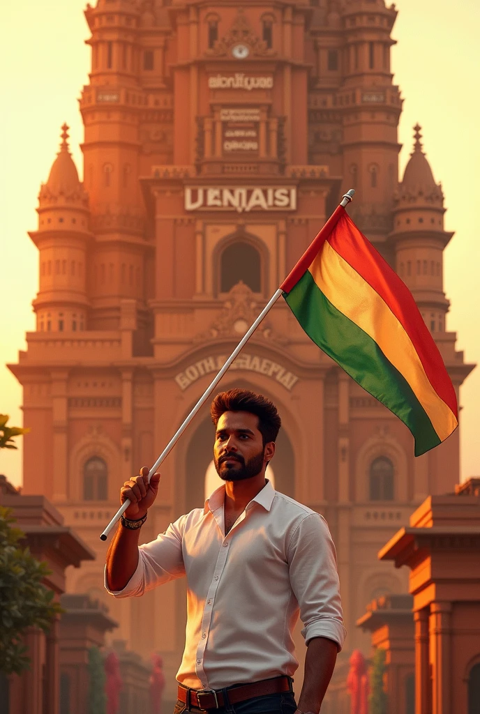 A large ornate building with a  roof and intricate architectural details. The building has Tamil and English text on the facade. The background suggests an urban setting thalapathy Vijay standing with white shirt and with flag of top red and middle yellow bottom red in the sunrise morning reddish