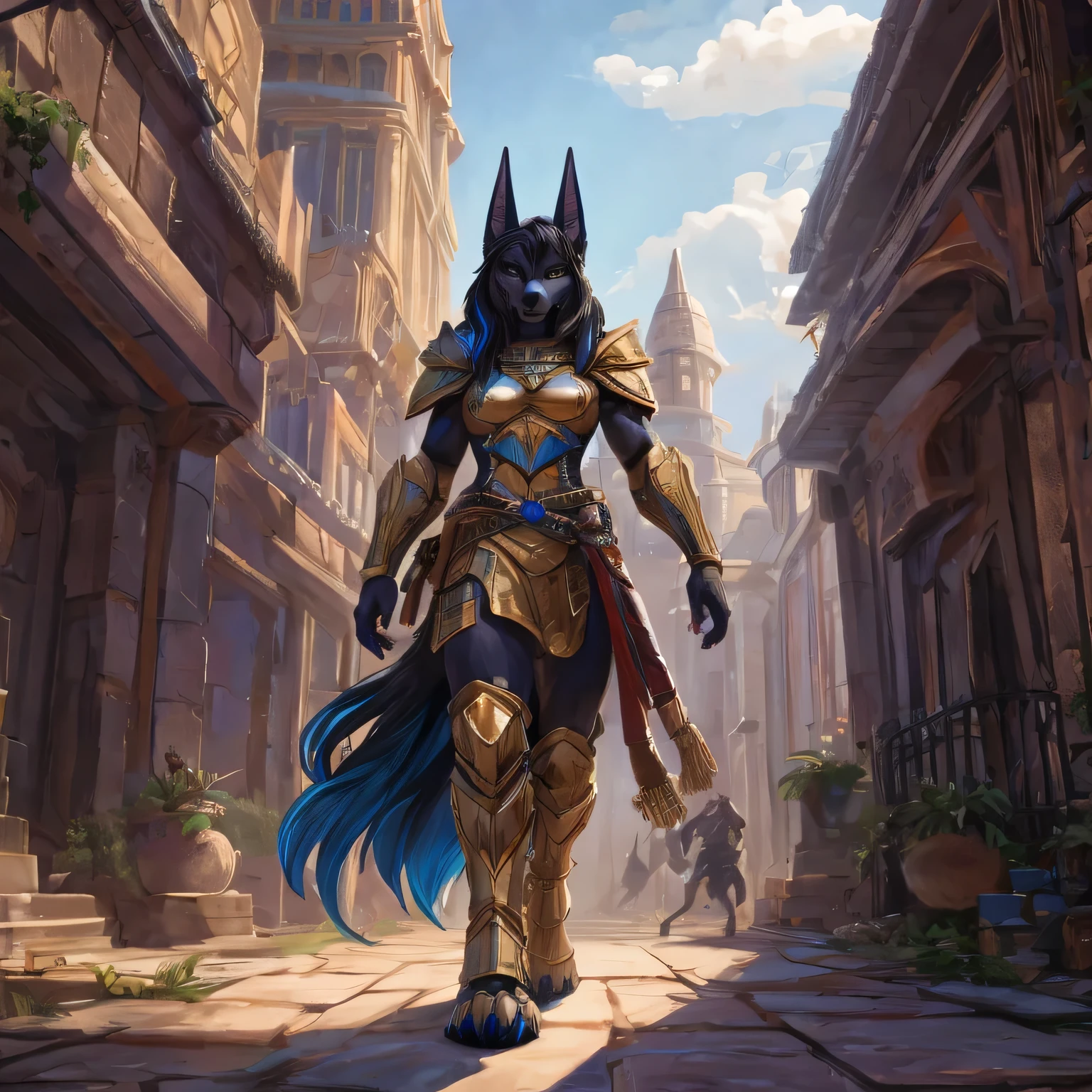 a furry drawing of a female leaning on a wall, full body picture, digitgrade legs, wolf paws, wolf foot paws, wearing golden jackal armor with blue highlights, jackal warrior, attractive jackal girl, female anubis, ((black hair with blue highlights 1.2)), ((Detailed eyes 1.2)), ((Detailed hands 1.5)), black muzzle, solo, anthropomorphic jackal ninja, furry fantasy art, anthromorphic jackal, jackal girl, female anthropomorphic wolf, anthropomorphic female jackal, walking across picture, facing viewer,