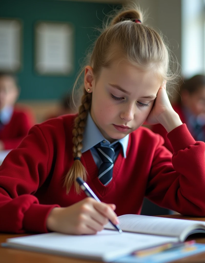 Developing cultural and intellectual skills, education according to the curricula prescribed for students , receiving information in the classroom, a close-up picture of a swedish student wearing a red uniform sitting on a school desk, performing school assignments