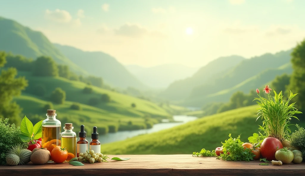 A serene and harmonious image of a tranquil, green landscape with soft rolling hills, a gentle river, and a variety of plants and herbs, symbolizing natural healing. In the foreground, there is a wooden table with an assortment of herbal remedies, essential oils, and fresh fruits and vegetables. There is a subtle glow around the natural elements. In the sky, the words "NATUROPATHIE GUERIR PAR LA NATURE" are displayed in a clean, bold sans-serif font, centered at the top of the image. The overall color palette is soft greens, earthy browns, and gentle blues, creating a peaceful and inviting atmosphere.