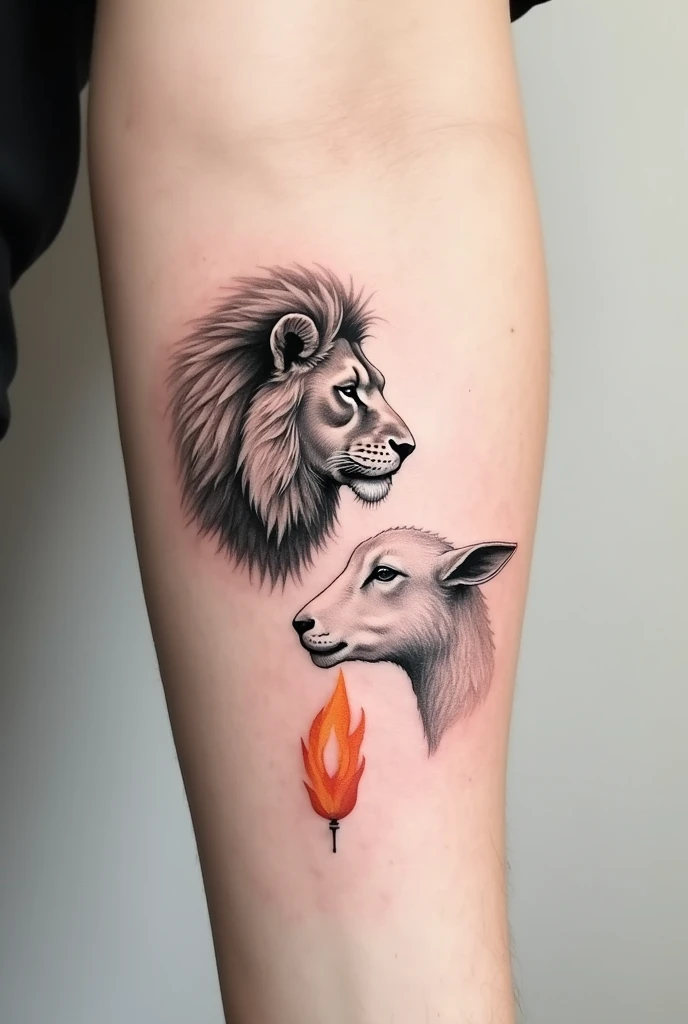 Minimalist tattoo of a lion's face looking to the left, Below it is a face of a lamb looking to the right and between them a flame