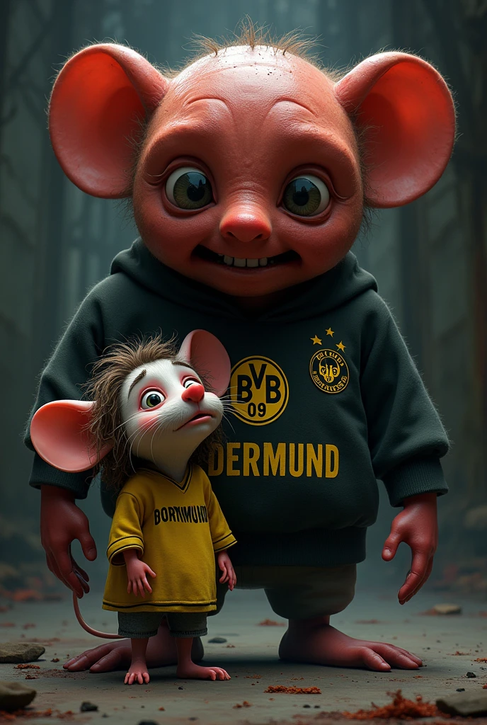 Disney Pixar horror cover with title letters (Little Rat and his father the meatball) appearance a mutant mouse with long curly hair clothing a borussia dortmund sweatshirt next to him a giant meatball with feet and eyes next to him