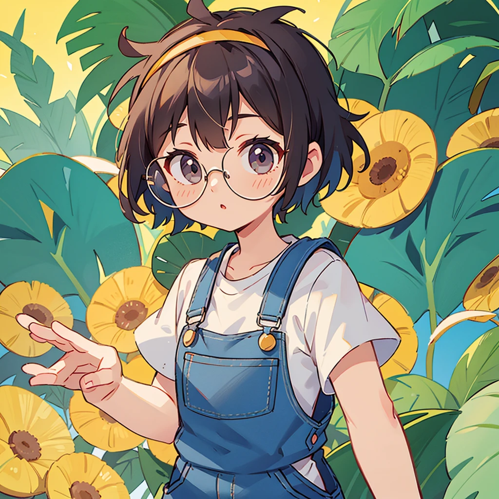 One person Character portrait Glasses whole body head band short hair Overalls Short sleeve front