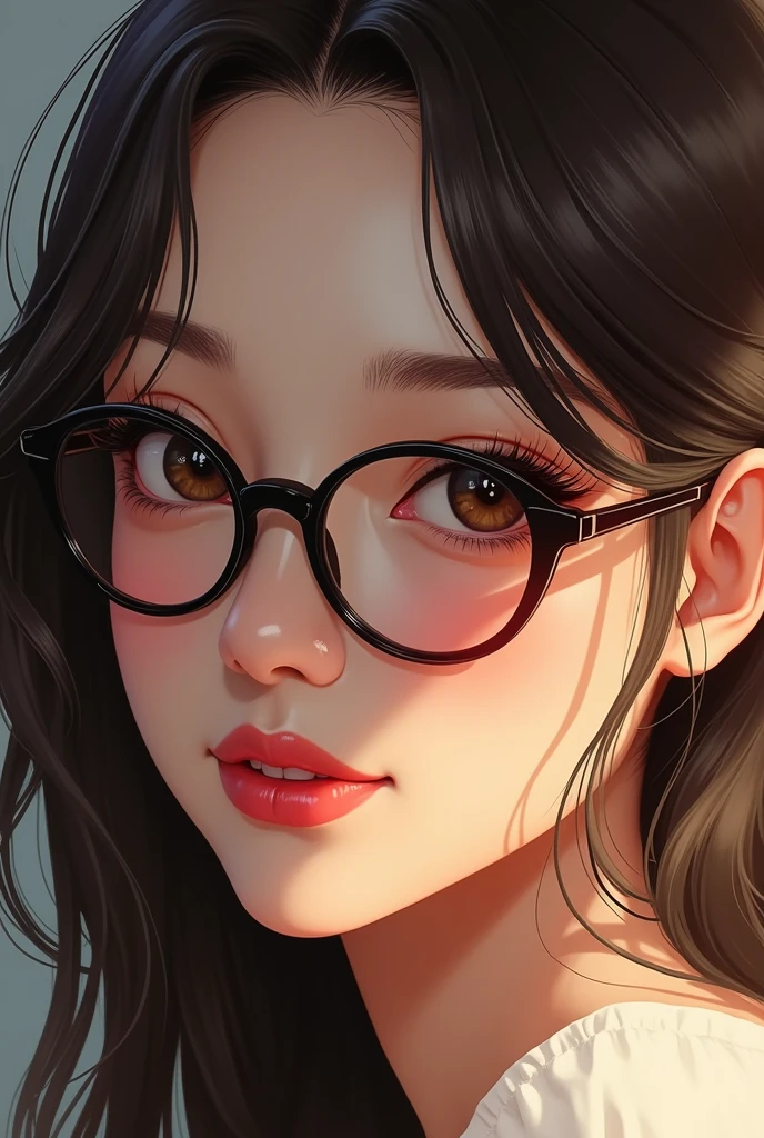 masterpiece, best quality, ultra detailed, a mole under right eye, eyelashes, (beautiful detailed eyes), smile, glasses, nsfw,