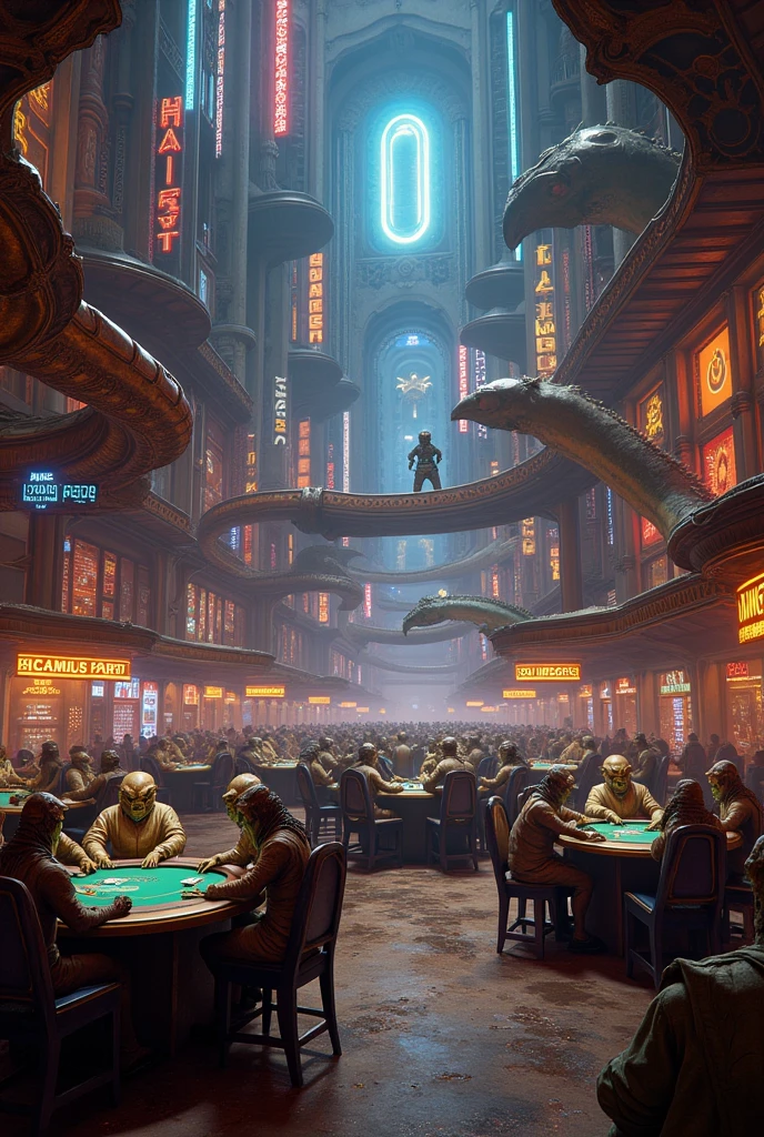 A casino from Star Wars, there are blackjack, Poker and a bar, many different kinds of creatures ans monsters but no humans, there is alcohol and cigarettes, Not so bright, good atmosphere, ultrarealistic, detailed