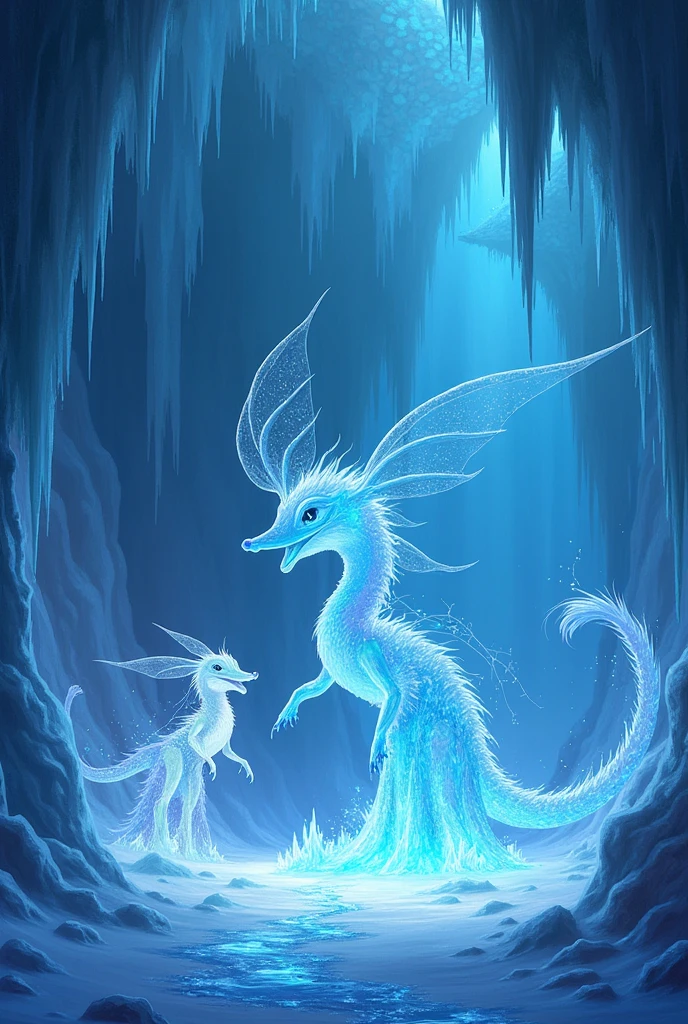 Create a less realistic animated ice cave without water and without humans


