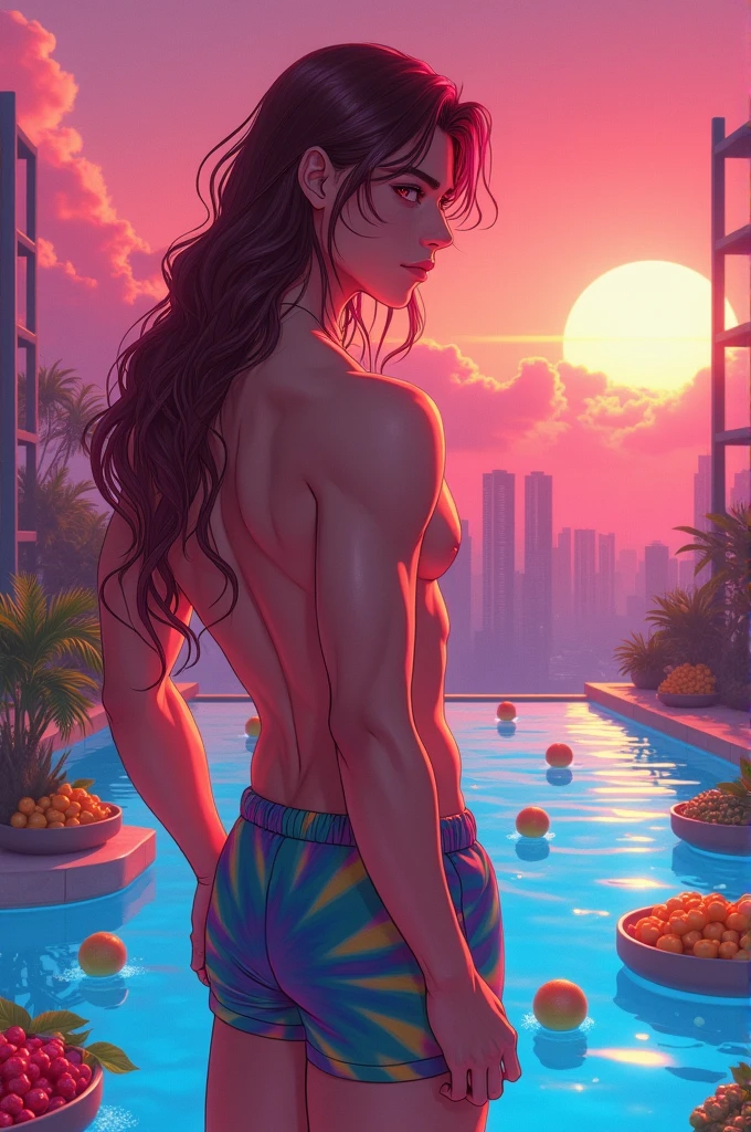 24-year-old masculine long burgundy with rainbow streak haired dreamy anime idol man, psychedelic futuristic swimming pool from another dimension on an city balcony, jawline, bathing suit, psychedelic tie die shorts, rainbow and clouds, bright burgundy sky, warm, random fruit floating in the pool water, random floating bowls of fruit, red water due to the underwater LED lights, bubbles, brown eyes, frutiger aero, strong, tall, no shirt, homoerotic, sexy, abs, pecs, biceps, V-line, big glutes