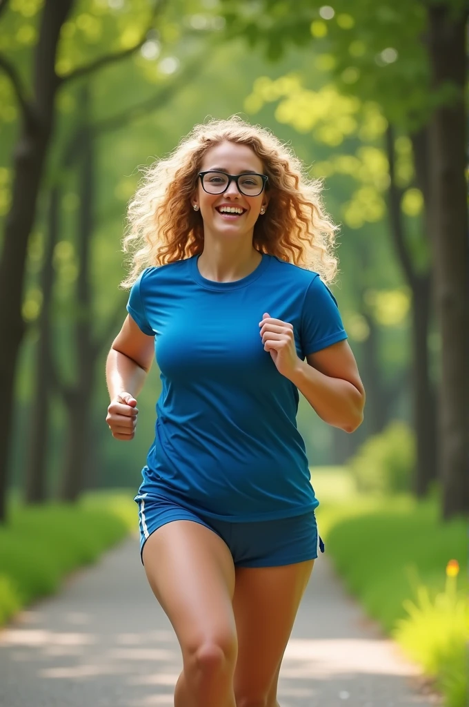 A blonde woman with curly hair and glasses and big hips, big tits blue t-shirt mini sports shorts running in a park