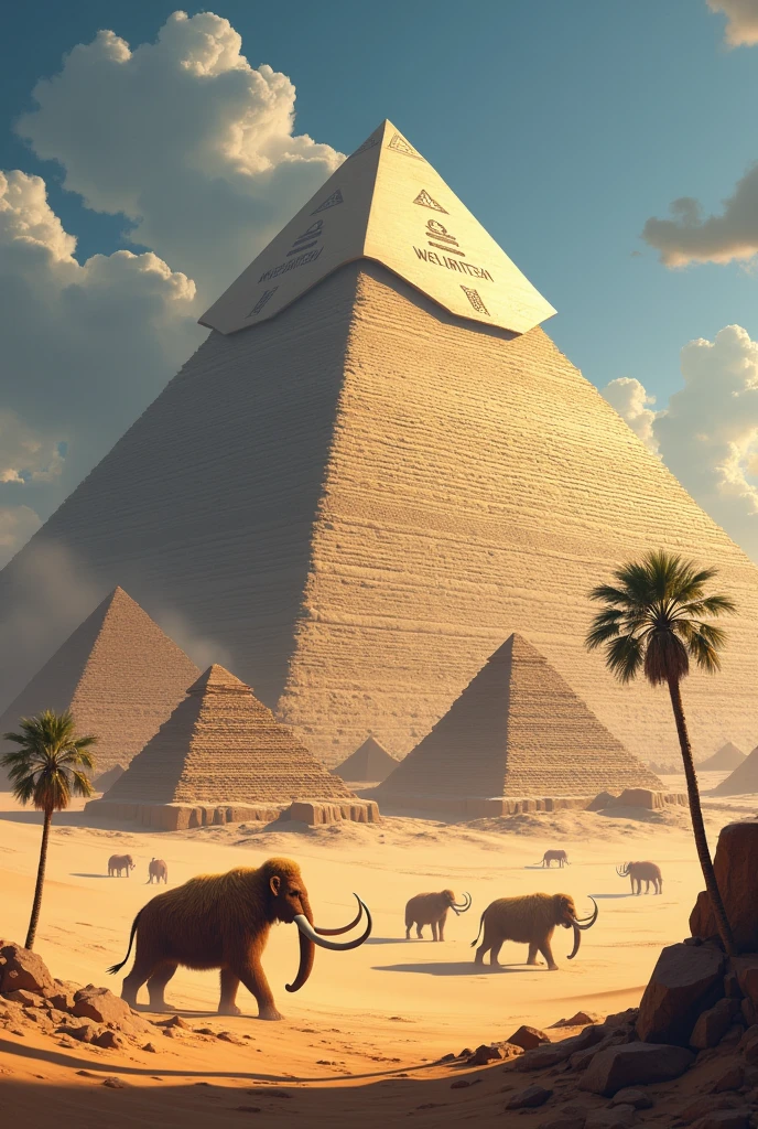 Create a picture of the Egyptian pyramids and mammoths 