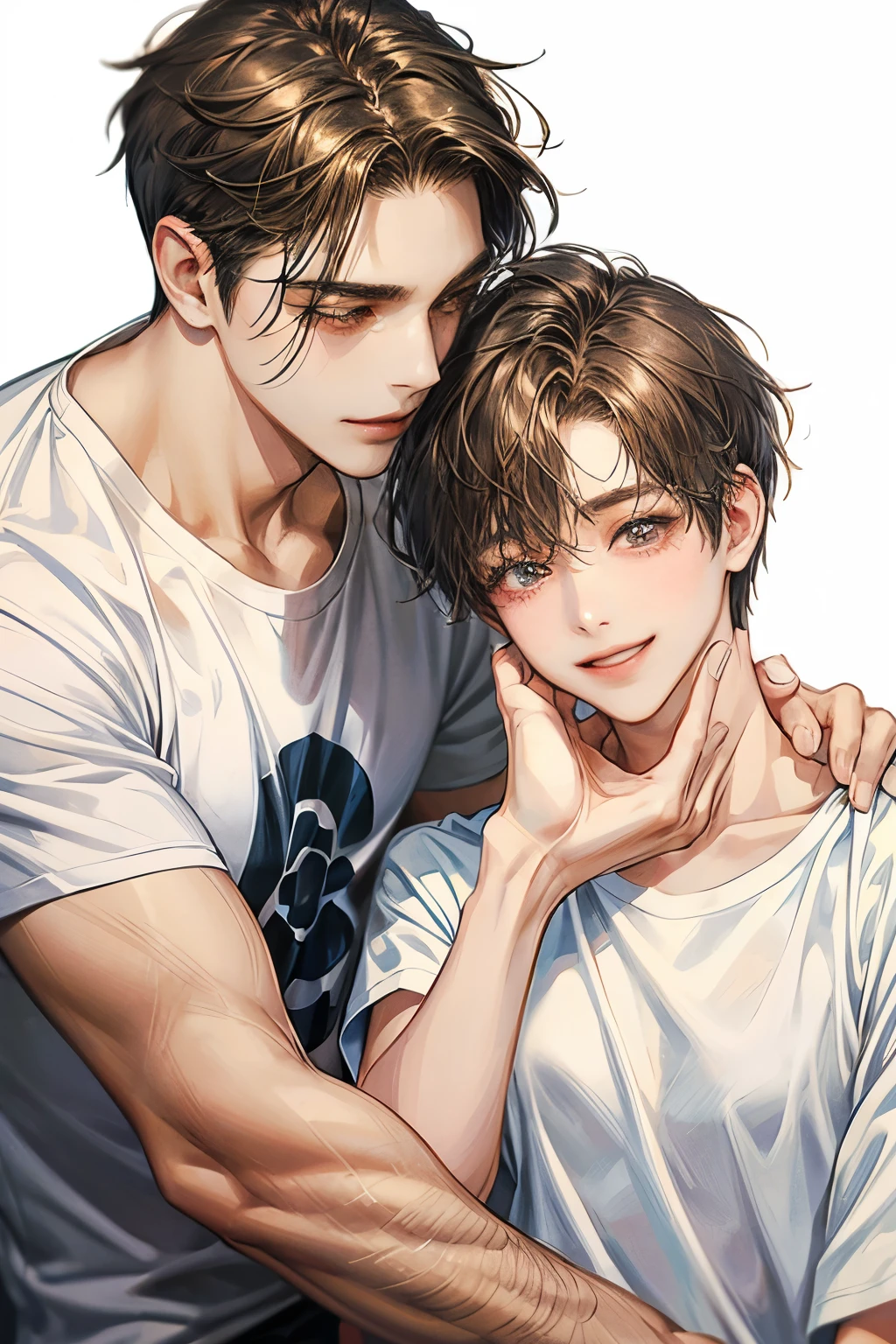 male couple, high resolution, Masterpiece, qualityที่ดีที่สุด, details, detailsสูง, quality, Anatomically correct, โมเดลhigh resolution, detailsมาก, high resolutionสุด, black hair, brown hair, รอยsmileชั่วร้าย, smile, simple background, Lots of white background, two men, MSM, t-shirt