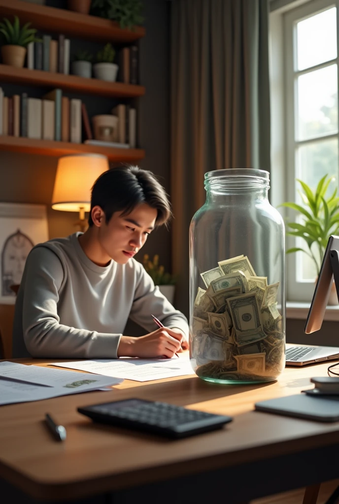 Image of some one reviewing financial goal and a saving big jar