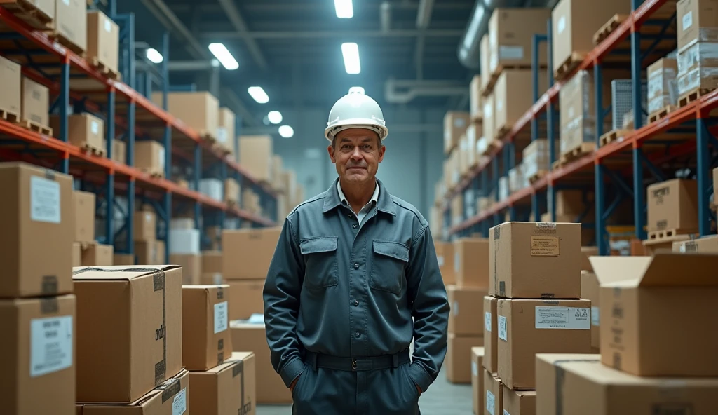 background with boxes of merchandise.Electrical Engineer Man Series Workwear Factory Euro pack
