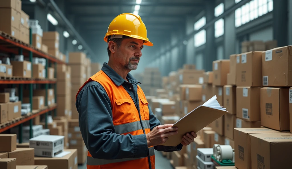 background with boxes of merchandise.Electrical Engineer Man Series Workwear Factory Euro pack