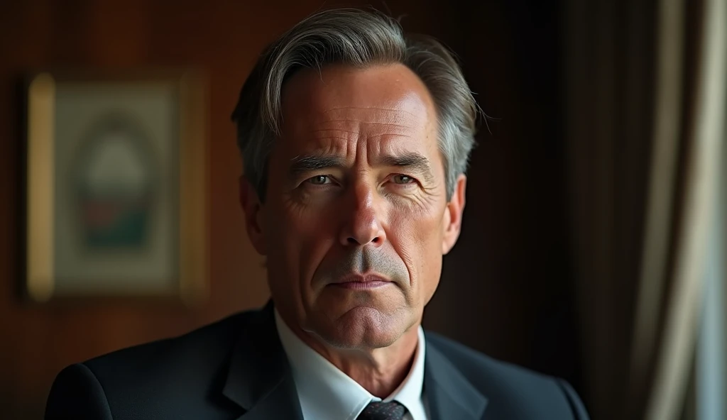 Ultra-realistic portrait of a businessman, a handsome man in his 50s, the main subject of the picture. He should have brown eyes and short, neatly combed brown-gray hair, his face is well groomed and he is unshaven and without a moustache. He has a serious expression and looks directly at the camera with an air of stateliness. He is in an indoor environment, suggesting an office in a large traditional mansion, with natural light coming from the side, creating a soft effect that creates diffuse shadows, enhancing the texture of the skin and the brightness of the eyes, and highlighting the angular features of the face. The background should be wide and blurred, creating a sense of depth and containing everything that makes up the setting of an office in a large mansion, without taking focus away from the main subject. The image should convey a warm and introspective feeling, with a touch of mystery and contemplation. The photo should capture extreme detail, with high quality 8k rendering, while maintaining the serene and enigmatic atmosphere. High quality photography, 8k rendering, extreme detail, realistic portrait, introspective atmosphere, soft and diffused lighting, natural light.