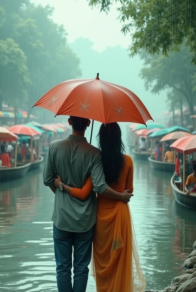 Bangladeshi couple in rain on a river with umbrella. There are many boats around