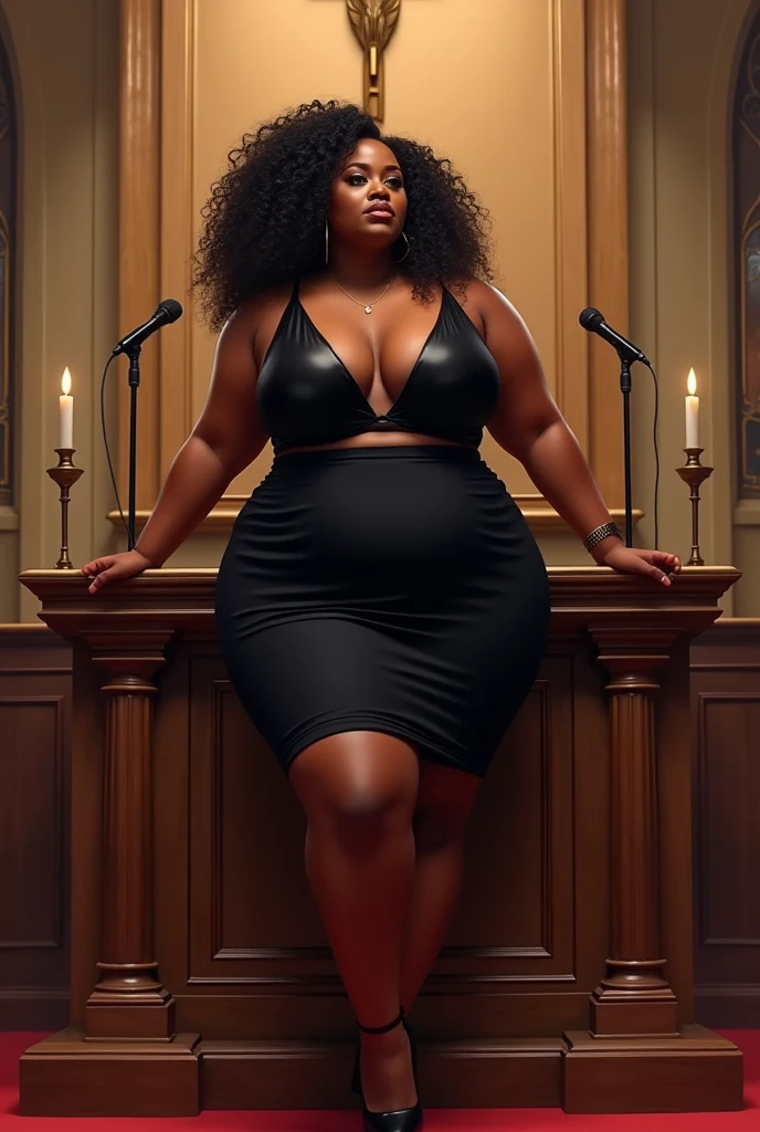 Sexy ebony SSBBW, big muscles, big ass, sexy high heels, at chruch, in pulpit, full body, black sheer pantyhose, thick calves, holding microphone, huge breasts, lots of clevage, black skirt