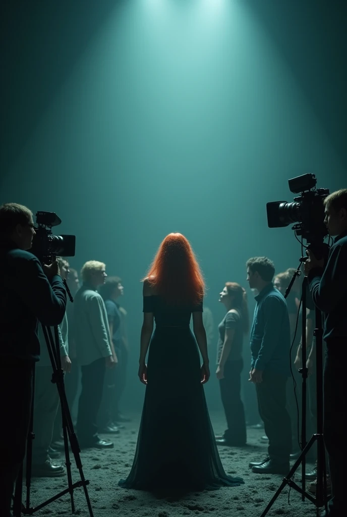 Redheaded woman being filmed making a music video in the middle of an abyss with cameras recording her