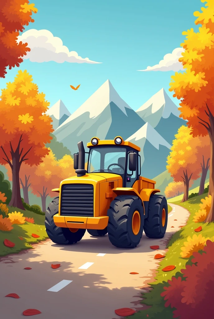 a wheel loader on a road with trees and mountains behind in autumn in cartoon style