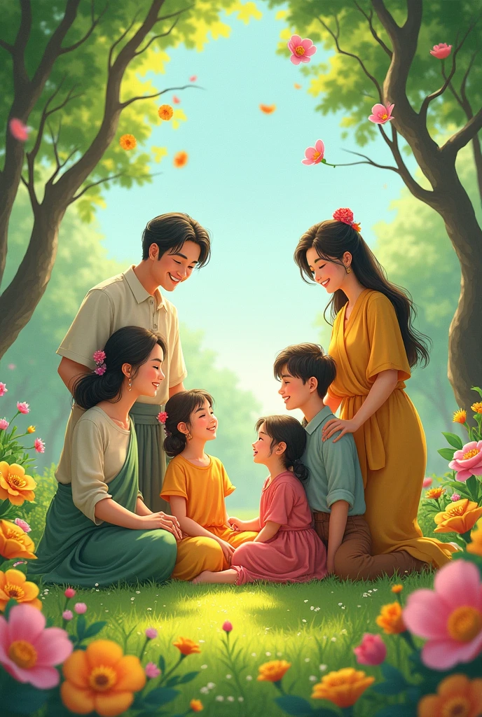 Loving family system, several ancestral lineages moving towards the future, on a green lawn full of flowers, relaxing mandalas and prosperity