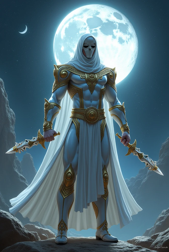 Tamil version moon knight white costume  holding a chakram and dagger standing with god
 Chandra dev as a avatar

