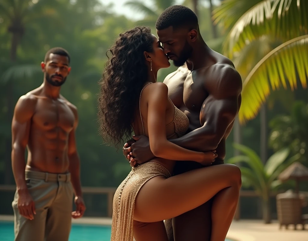Hot Indian woman, sexy high slit dress, lifted by tall, muscular african man infront of other man,outdoor