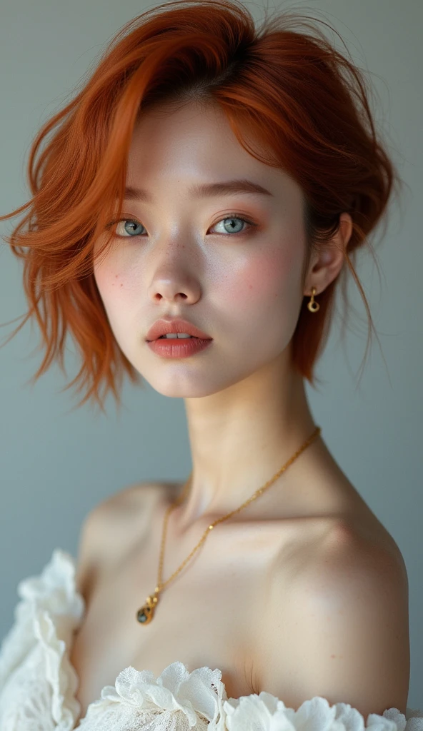 (perfect lighting, perfect perspective, 8k raw,korean girl, Korean features, natural red hair,1girl, beautiful jaw, High detailed, perfect boobs, realistic, 8k raw,face detailed, Red hair, gazing at viewer, jewelry, (bangss) freckles (blue colored eyes) shorth hair, fully body, short hair style, short red hair style)