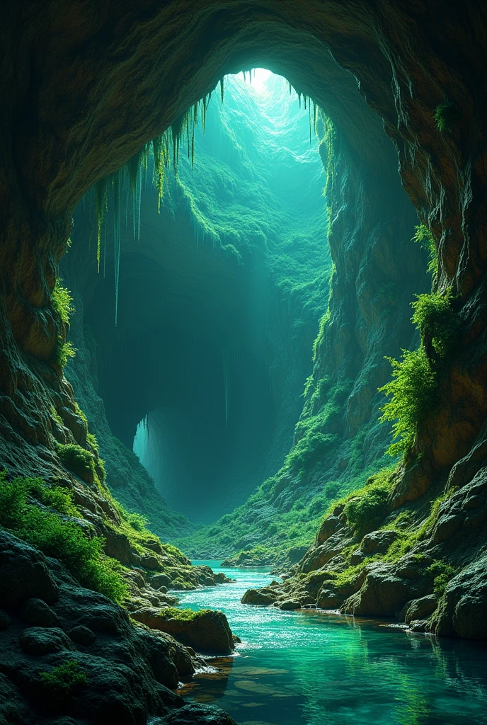 generates an image of a dark animated cave with vivid colors ( cafe, green)