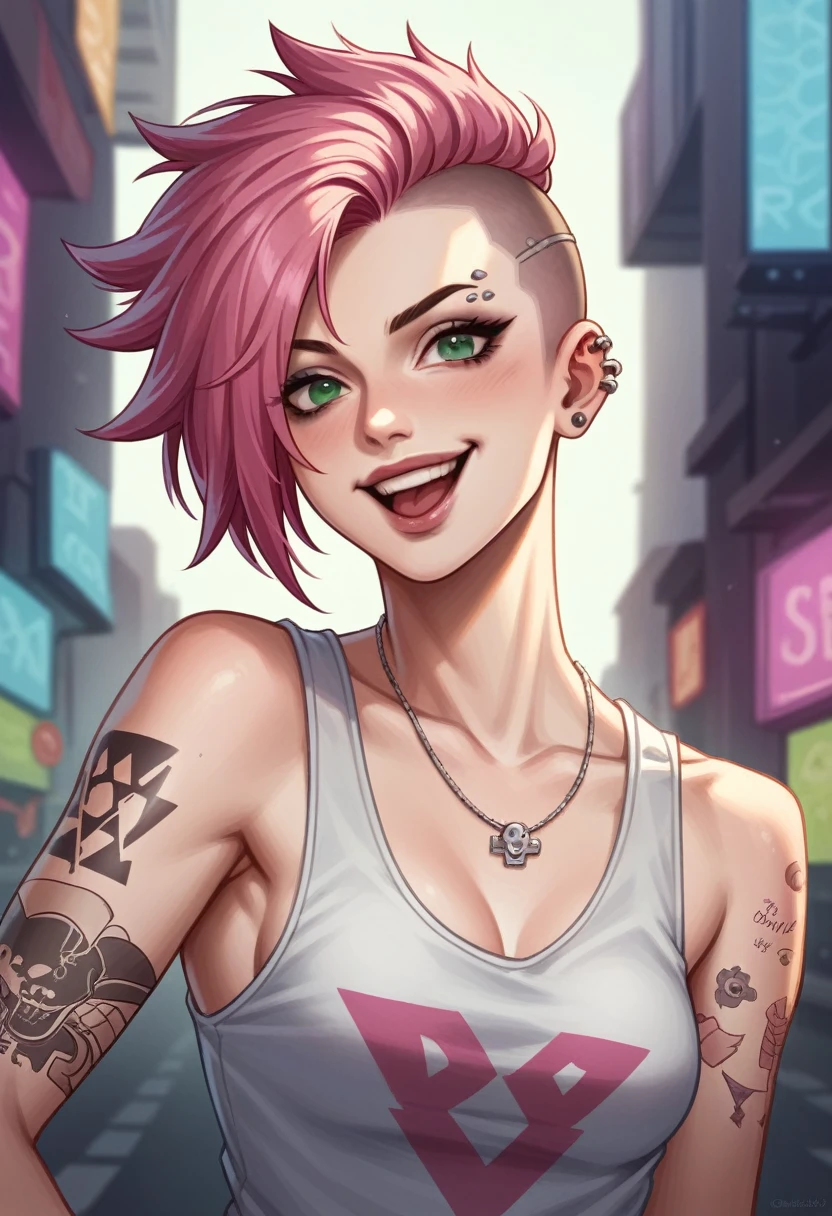 1 girl, Holo-punk style, rainbow hair, earrings, eyelashes, Smirk, in room, Jewelry, lips, draw up, NECKLACE, Goth, masterpiece, Best quality