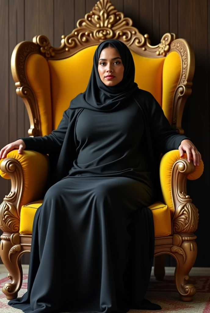 wearing black full body cover with Academic regalia (big breasts 1.1,butt ) beautiful sri lankan wealthy girl foward sit in chair( indian yellow color)
