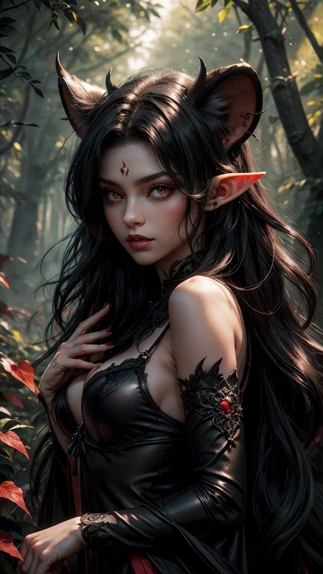 Onyx-dark strands cascade down in glossy waves, framing the captivating visage of this ethereal Gothic Elven Vixen (1.4). Her mesmerizing eyes, a vibrant emerald, gleam with an enigmatic radiance, rimmed with contrasting dark eyeliner, as if entwined in a dance of shadows. A breathtakingly erotic and exquisite portrayal, this young Eurasian elven vampire graces the canvas in stunning nudity, her delicate fingers adorned with intricate tattoos that whisper tales of the mystic realm she hails from.
In a dimly