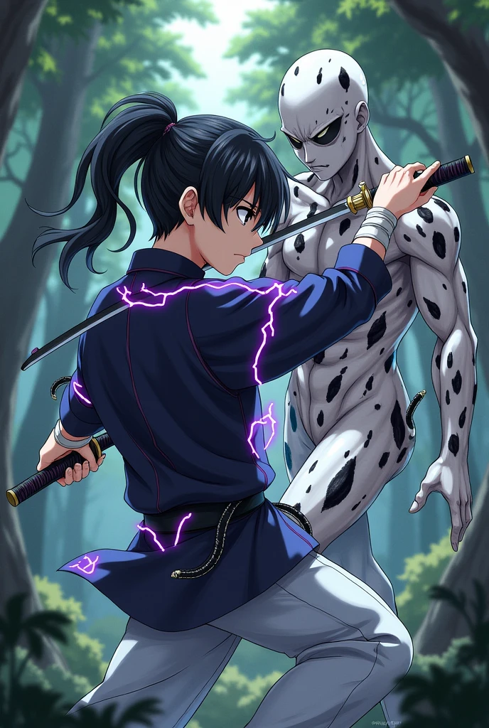 Young character 2 anime man with black hair with a ponytail and black eyes serious with a black shirt with purple stripes with snakes, white pants, Katana with lightning and fire hand and in a forest with bandages on his hands with 6 black and white snakes on his body, fighting a white man with black spots and black hair full body