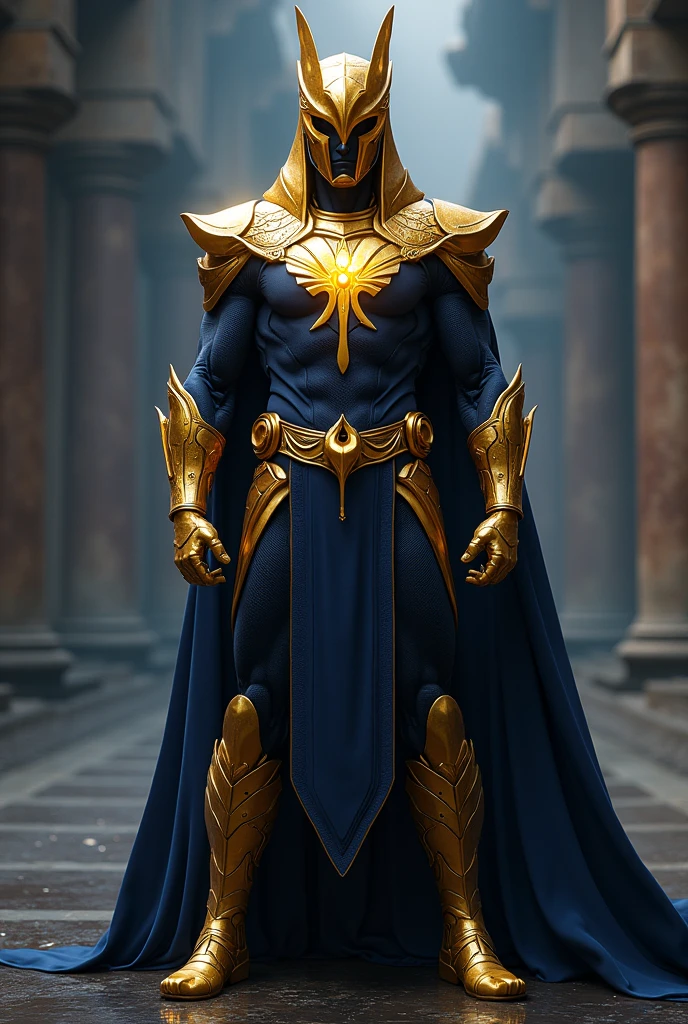 Superhero, golden helmet, golden ankh amulet, golden gloves and boots, golden belt, dark blue costume, magical
