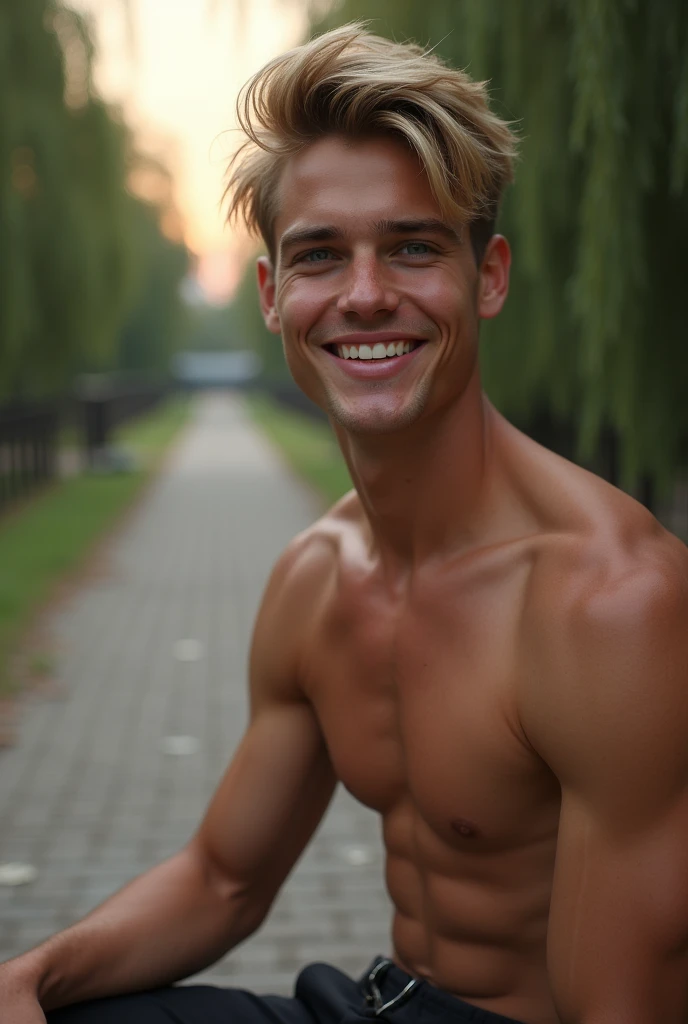 close up of a young blond, muscled_toned_perfect_body, man, wearing short, sitting on the pathway, smiling the most hansome man ever seen, modern hair cut, oval face, large blue eyes, roman nose, full lips, square chin, he is smiling, in the distance a style realism+neoclassical, intricate details, leading lines composition, intense cold solid colors, plantation_house_ in_louisiana+river+bridge+pathway+forest, of willows, at dawn you see a path flanked by huge willow trees wh