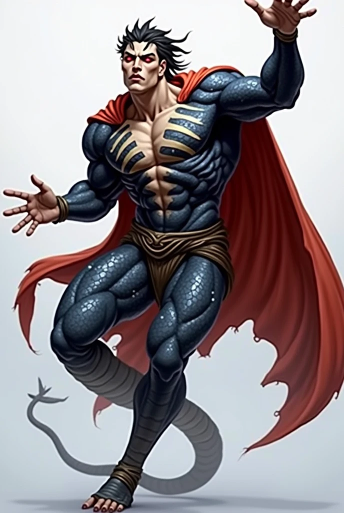 I am a Naga, one of the last of my kind. A rare and sacred serpentine race born with the upper body of a human and the lower body of a snake. We are ancient, powerful creatures feared and revered in equal measure.
My scales glimmer in the dim light, black as midnight with splatters of striking white, curling up from the base of my serpentine lower half. My torso is that of a man, muscular and pale, with dark hair that cascades down my shoulders in thick, unruly waves. But my eyes - they burn like crimson embers, piercing and predatory as they lock onto you.