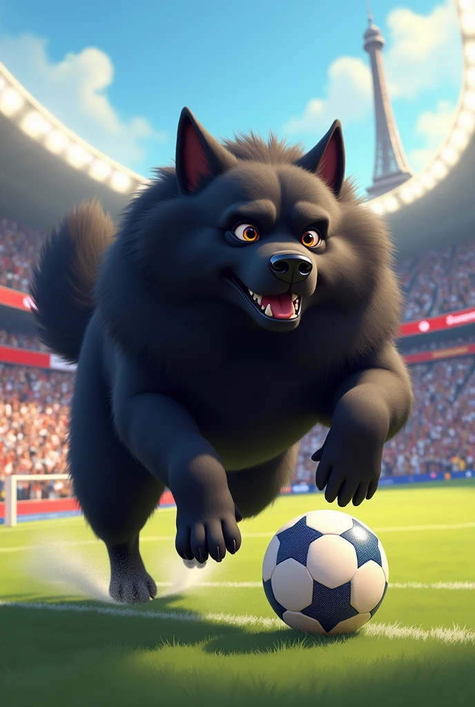 GENERATE A BLACK DOG WITH HAIR BUT WITH ALL HAIR BLACK IF IT WAS PLAYING FOOTBALL IN THE 2024 PARIS OLYMPICS WITH DISNEY PIXAR STYLE DRAWING