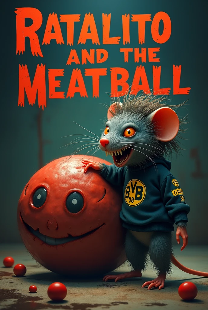 Disney Pixar horror cover with title letters (RATALITO and the meatball) appearance a mutant mouse with long curly hair clothing a borussia dortmund sweatshirt next to him a giant meatball with feet and eyes next to him