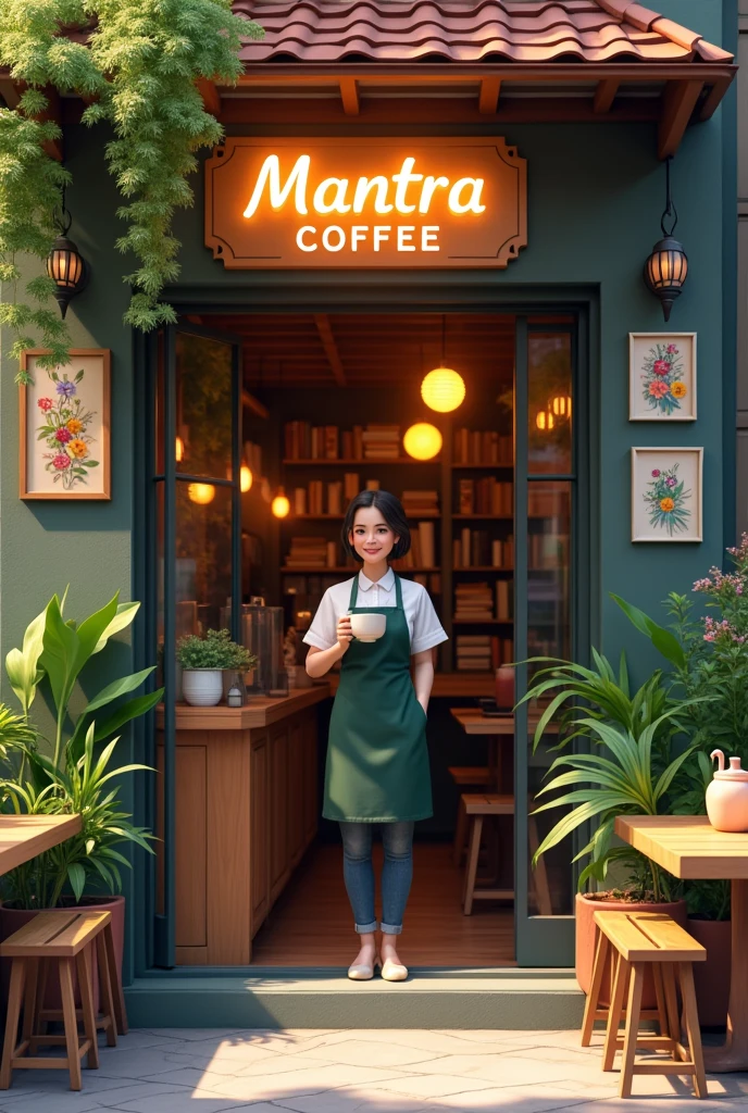 Entrance to a cafe with wooden tables outside, with a sign that says mantra coffee, illuminated, with plants, books, colorful paintings. At the entrance a female Barista with a cup of coffee in her hand and a smile on her face. He addresses the audience with enthusiasm.