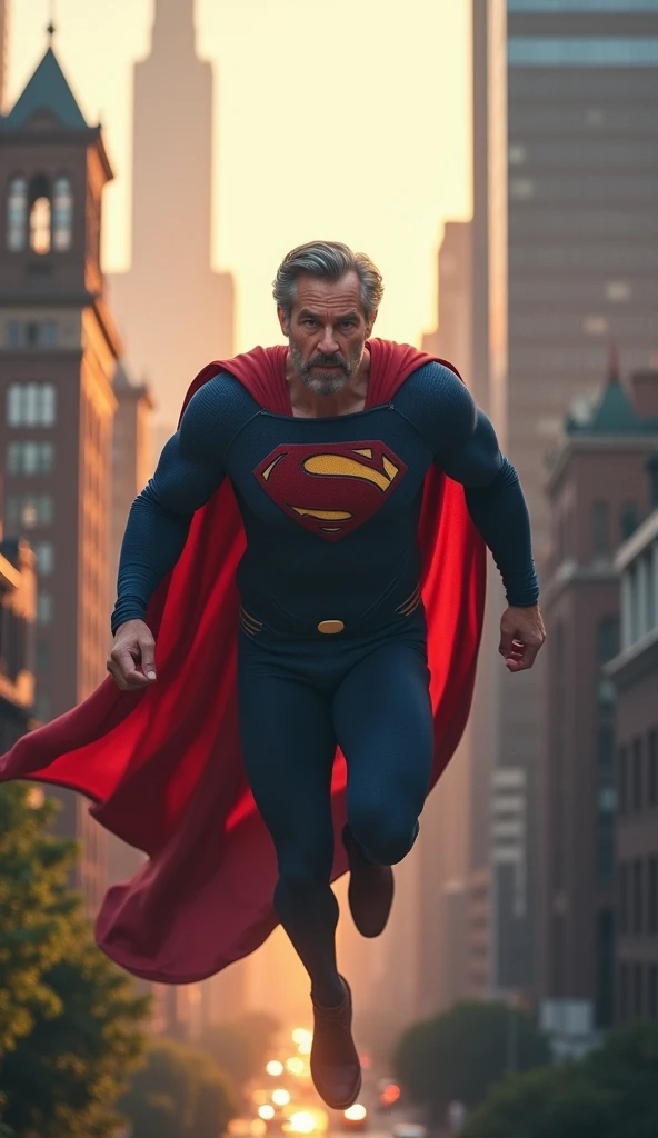 The 50-year-old man .gray hair , now transformed into Superman, bursts out of his house and takes flight, soaring into the city with the iconic cape billowing behind him, ready to explore his newfound powers in the bustling urban landscape.