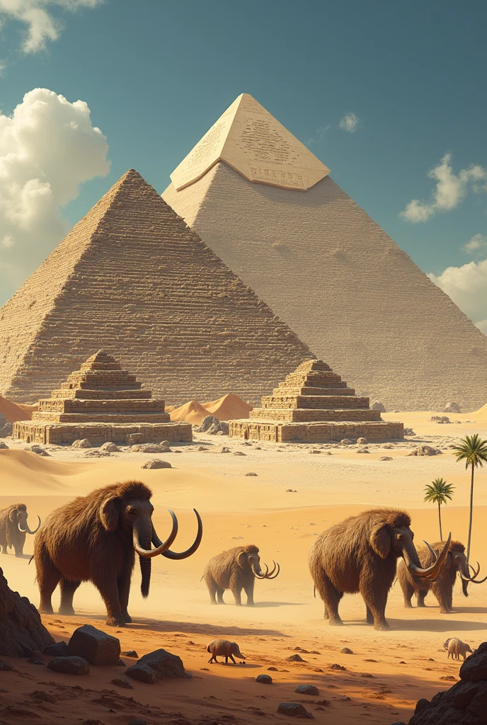 Create a picture of the Egyptian pyramids and mammoths