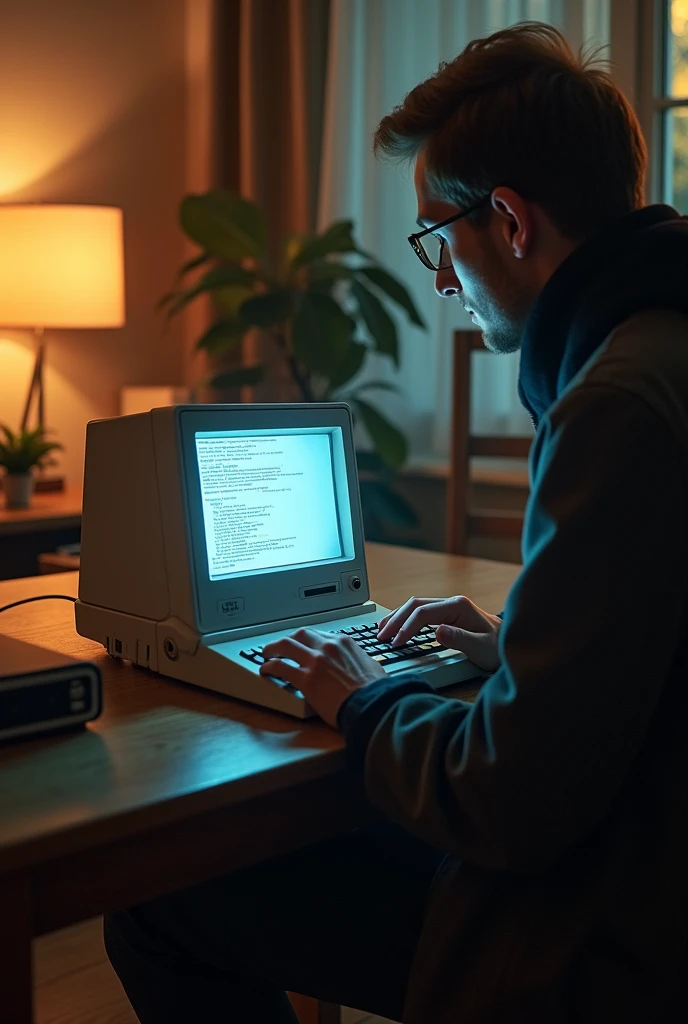 80s laptop small screen on table person using 