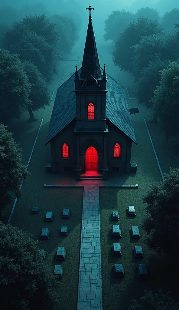 vampire the masquerade, map rpg, ((a church, in a cemetery, many graves)), game art, birdseye straight top-down shot from a drone, battlemap, current modern theme, seen from above, role-playing game, empty location, nighttime environment, (with realistic proportions and textures, intricate details, handdrawn, vibrant, cinematic lighting, masterpiece, 8k:1.2)